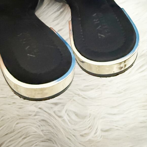ZARA TRAFALUC | Black Flat Slide Band Sandals Chrome Silver Mini Heel | 40, US 9 - Picture 6 of 9